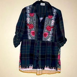 Boho Chic Embroidered Blouse Shirt Women Size Large